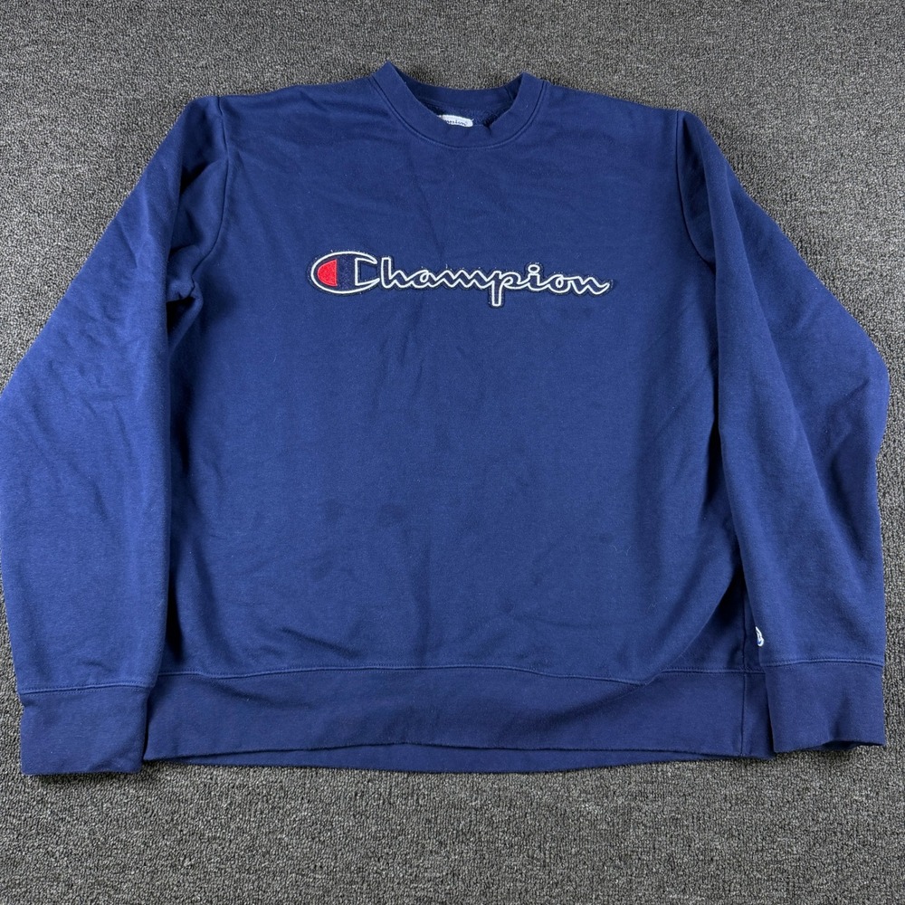 Champion Sweatshirt Mens Large Athletic Navy Embroidered Script Logo EUC